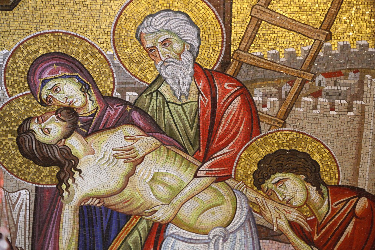Jeesus alas ristiltä, yksityiskohta mosaiikkitaiteesta, joka kuvaa Jeesuksen Kristuksen hautausta, Pyhän haudan kirkko, Jerusalem, Israel tekijältä Unbekannt