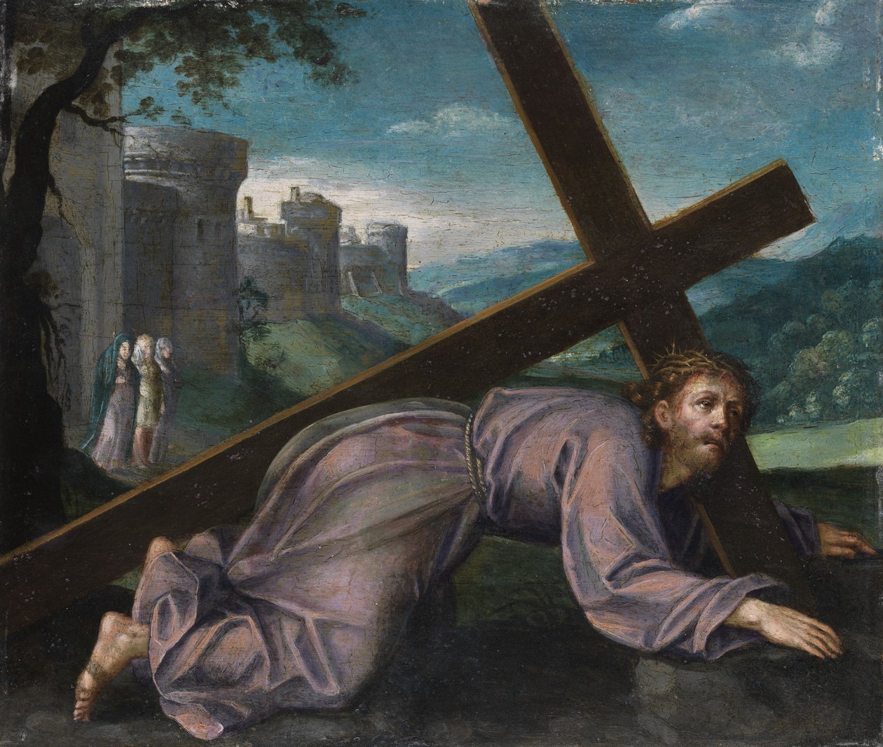 Jeesus lankeaa ristin alle. 1600-luvun pohjoisitalialainen taidemaalari tekijältä Unbekannt