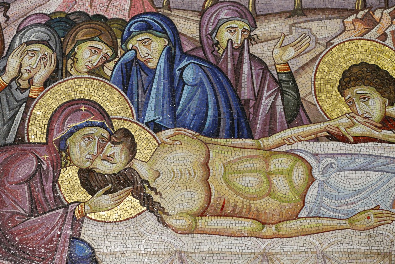 Jeesus laski Joosefin Arimatialaisen uudelle haudalle, yksityiskohta mosaiikkitaiteesta, joka kuvaa Jeesuksen Kristuksen hautaamista, Pyhän haudan kirkko, Jerusalem, Israel tekijältä Unbekannt
