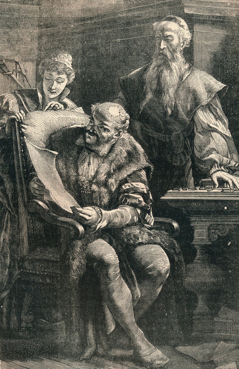 John Gutenberg näyttää osaa ensimmäisestä painetusta kirjasta Faustille, 1300-luku, n. 1910 tekijältä Unbekannt