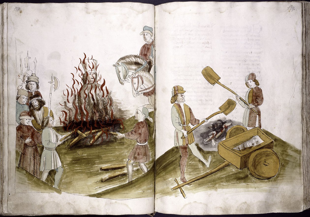 John Hus poltetaan roviolla 6. heinäkuuta 1415 ja hänen tuhkansa heitetään Reiniin: Ulrich Richental Chronicle of the Coun, 1414-1418 tekijältä Unbekannt