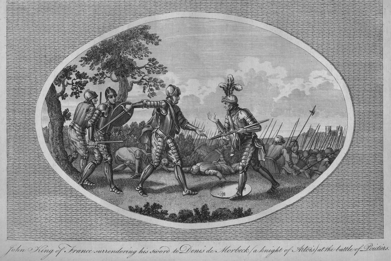Ranskalainen Johannes II luovutti miekkansa Denis de Morbeckille Poitiersin taistelussa, 1356 1793 tekijältä Unbekannt