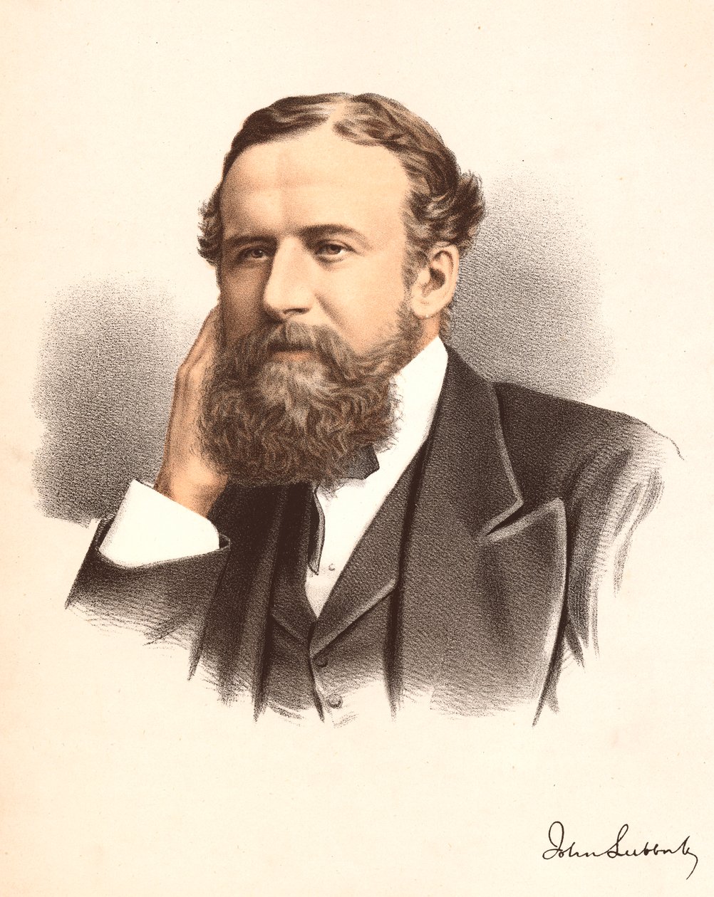 John Lubbock, ensimmäinen Baron Avebury, englantilainen pankkiiri, arkeologi, luonnontieteilijä ja poliitikko, c1880 tekijältä Unbekannt