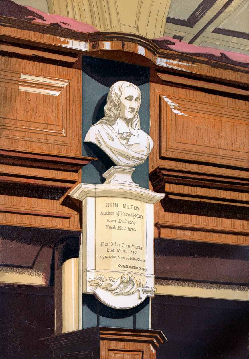 John Miltonin muistomerkki, St Giles Church, Cripplegate, Lontoo, n. 1850 tekijältä Unbekannt