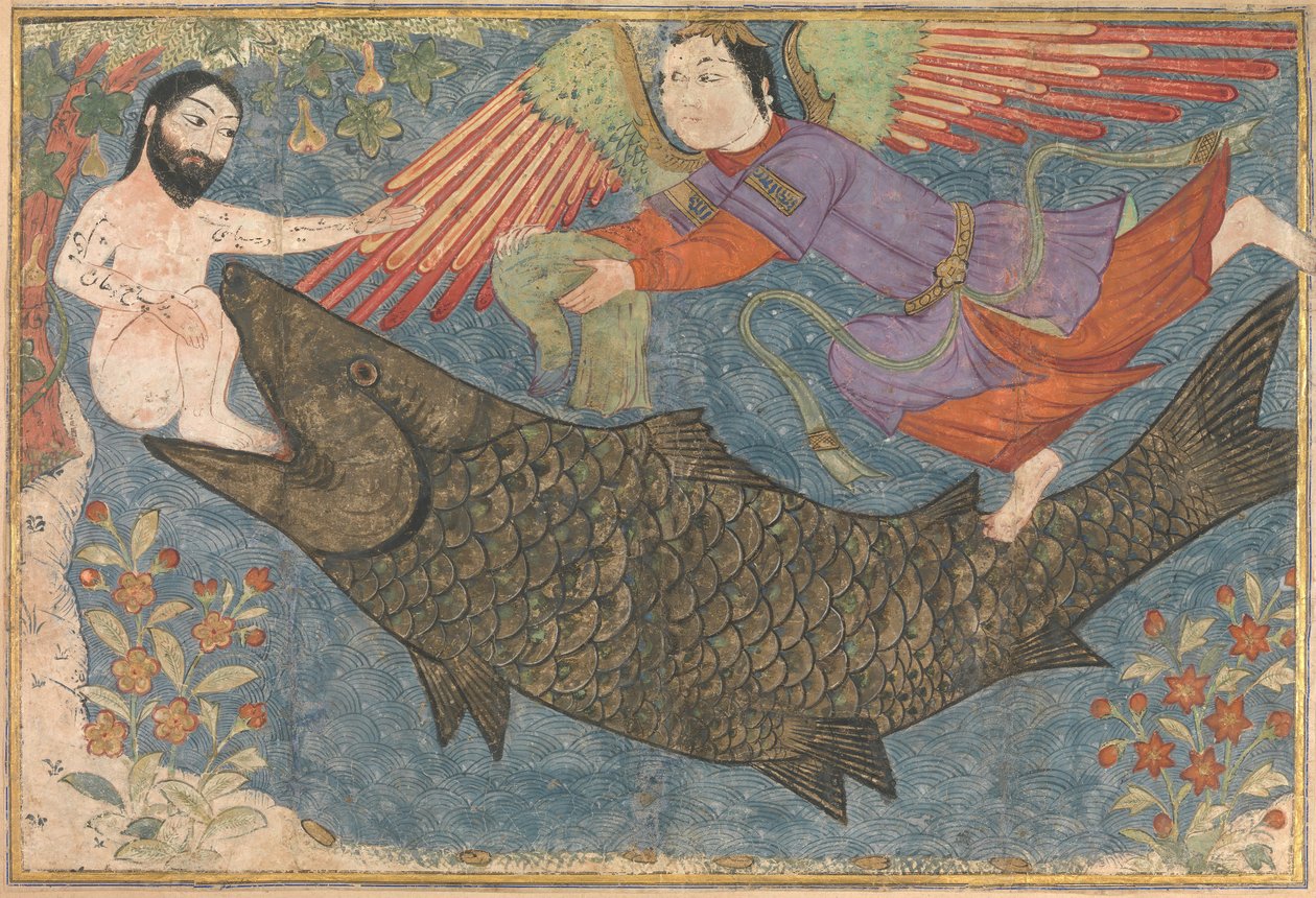 Jonah and the Whale, Folio Jami al-Tavarikh Chronicles Compendium of Chronicles -kokoelmasta, n. 1400. tekijältä Unbekannt