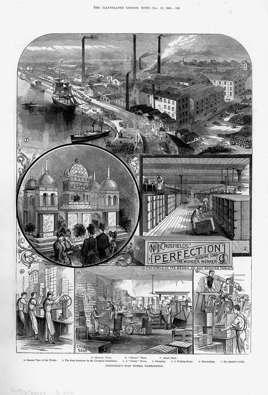 Joseph Crosfield and Sonsin saippuatehdas Bank Quayssa, Warringtonissa, Cheshiressä, 1886 tekijältä Unbekannt