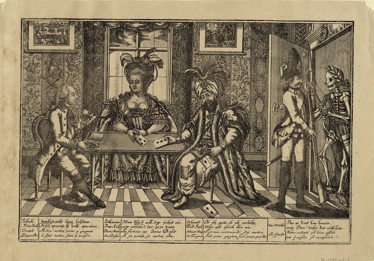 Joseph II, Katariina Suuri ja sulttaani Abdul Hamid I pelikortit, n. 1780 tekijältä Unbekannt