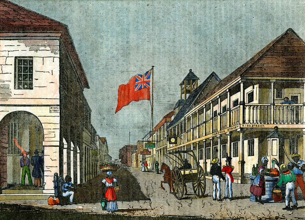 Harbour Streetin ja King Streetin risteys, Kingston, Jamaika, c1835 tekijältä Unbekannt