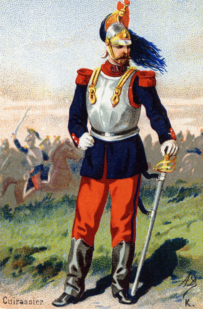 K: Cuirassier. Kaiverrus "Military Alphabet" -kirjaimella. Kuvittajan nimikirjaimet: A. D. Tuntematon kustantaja. Kromolitografiat 1800-luvun lopulla. Mitat: 10,5 x 7 cm. tekijältä Unbekannt