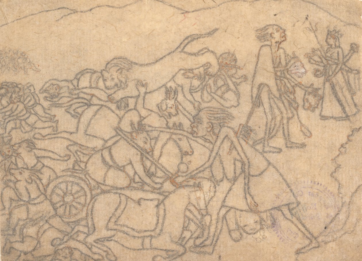 Kali esittelee Chandan ja Mundan päät Durgalle...Devi Mahatmyalle..., n. 1780. tekijältä Unbekannt