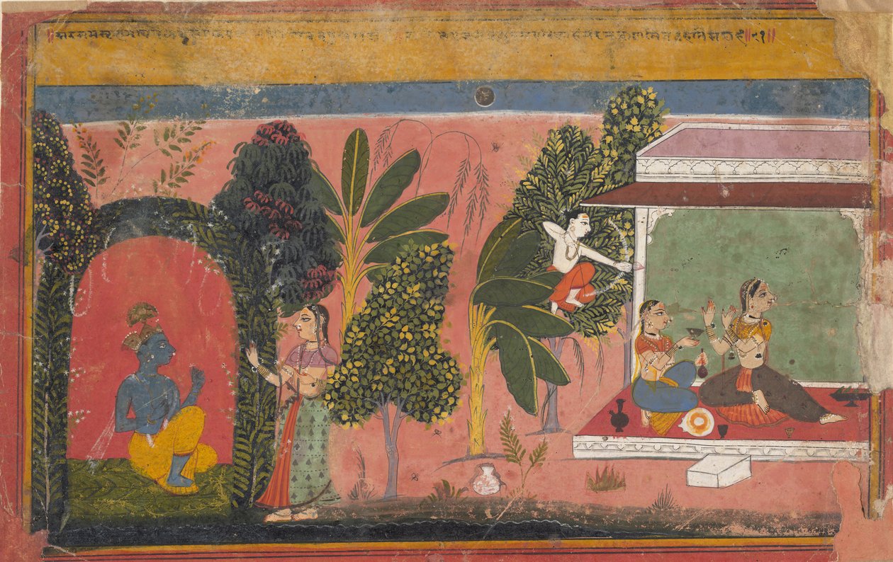 Kama tähtää jousella Radhaan: Sivu hajallaan Gita Govinda Loves of Krishna, ca. 1695. tekijältä Unbekannt