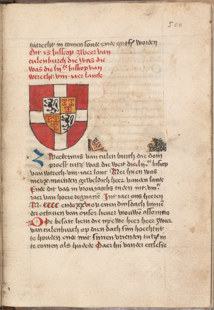 Kattendijkin kronikka - Hollannin, Zeelandin ja Friisinmaan historia tai kronikka, Utrechtin perustamisesta ja monista jäljempänä mainituista maista - KB KW 1900 A 008, folium 500r. tekijältä Unbekannt