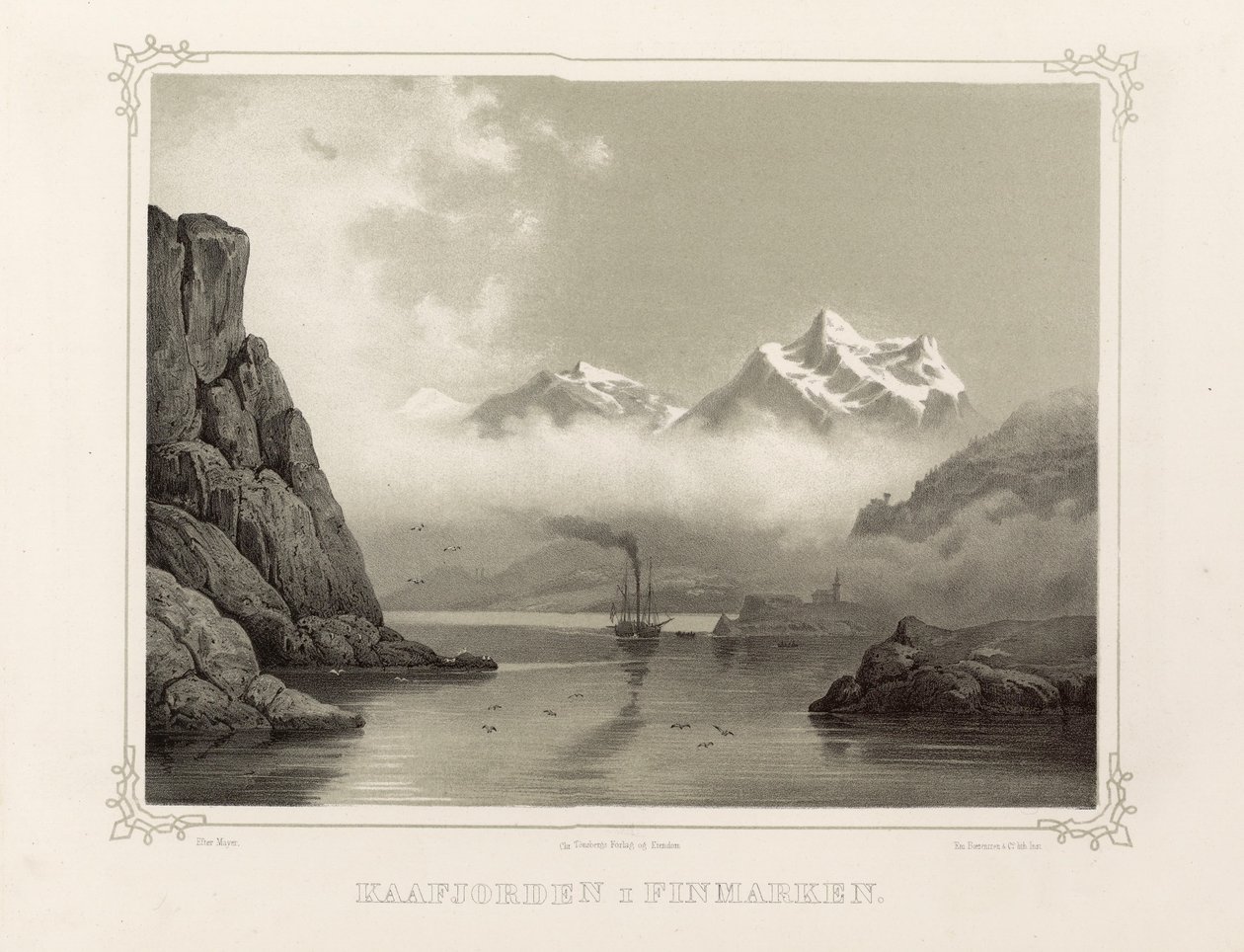 Kåfjord Finmarkissa. Kuva otettu Norjan kirjasta, jonka ovat esittäneet Asbjørnsen, P.Chr. Julkaisija Chr. Tønsberg (Norja 1848) tekijältä Unbekannt