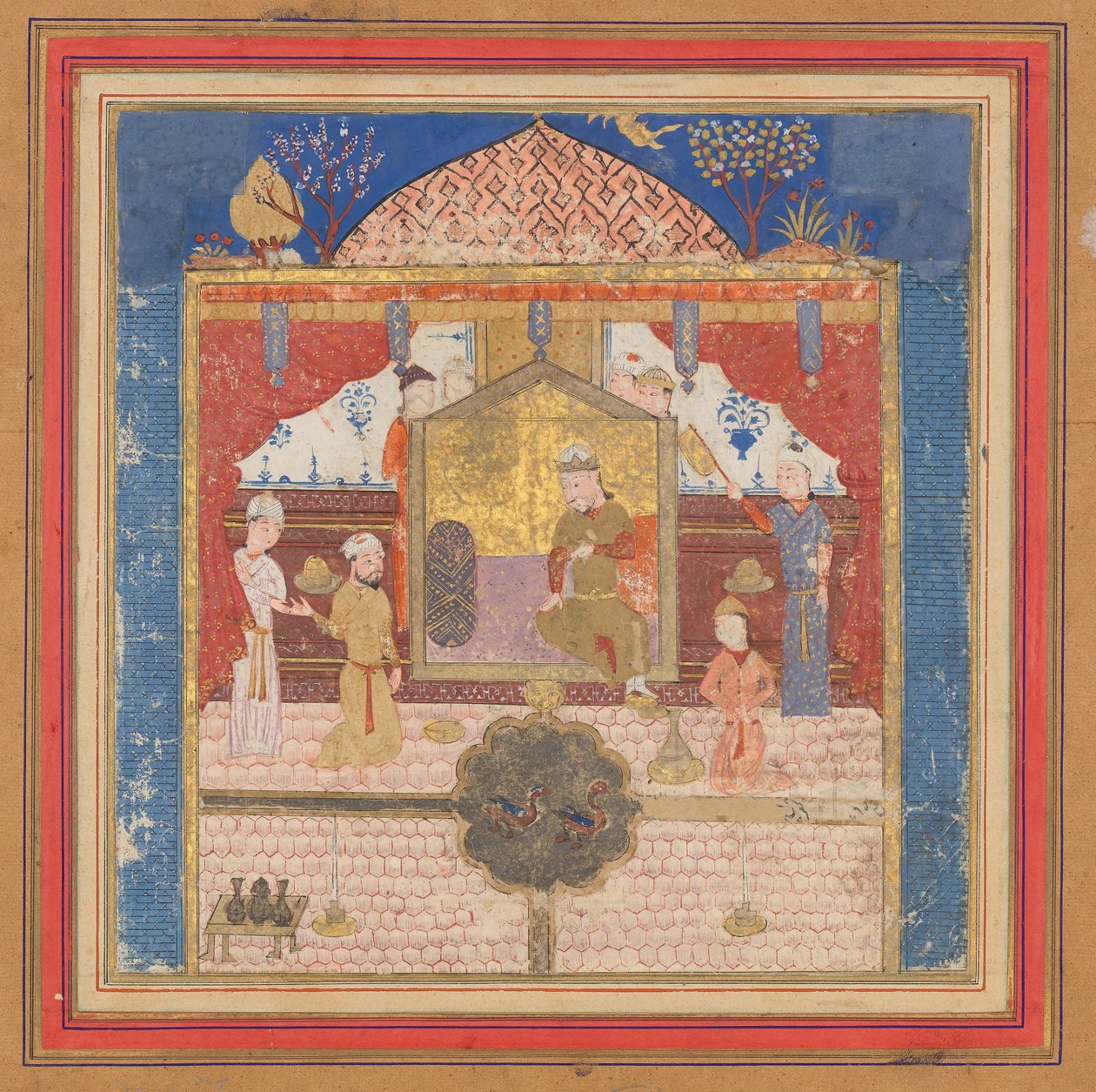 Khusrau Parveez Isänsä edessä Hurmuzd, Folio Shahnamasta..., n. 1430-40. tekijältä Unbekannt