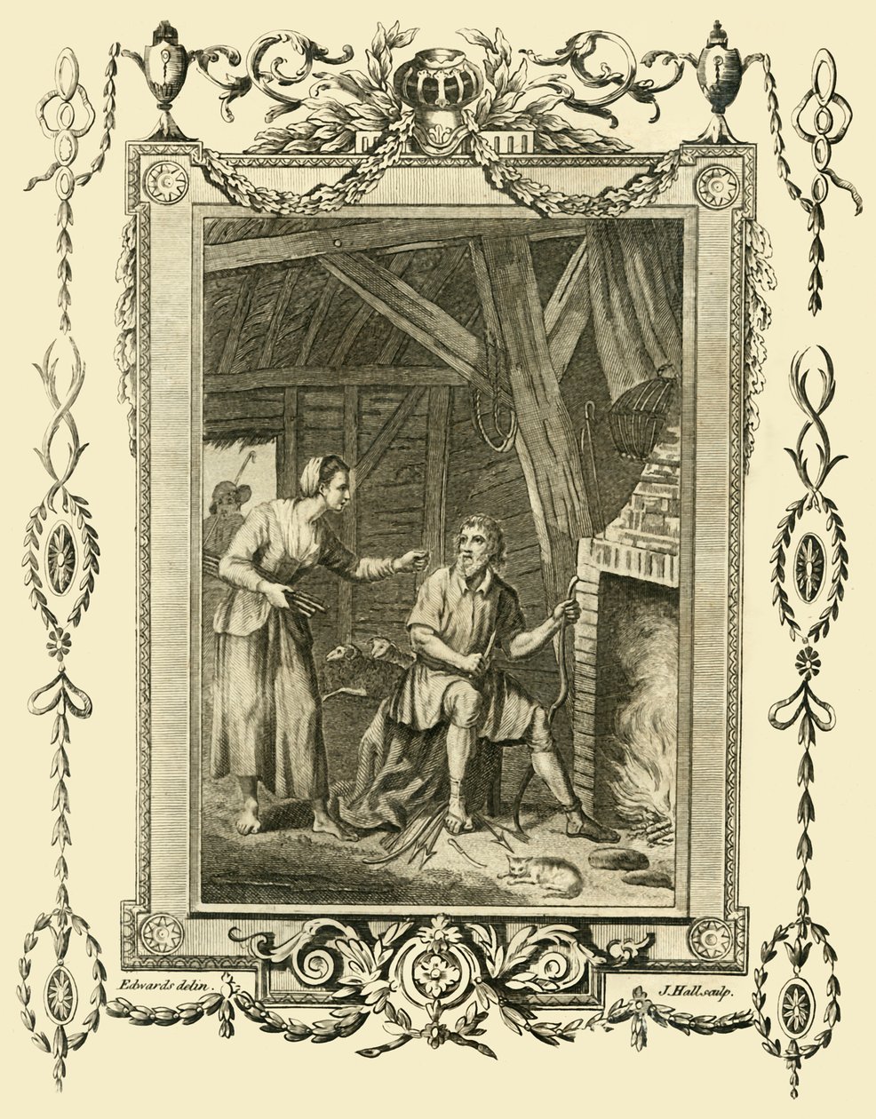 Kuningas Alfred valepuvussa, jota siistin lauman vaimo nuhteli kakkujen polttamisesta, n. 878, 1783. tekijältä Unbekannt