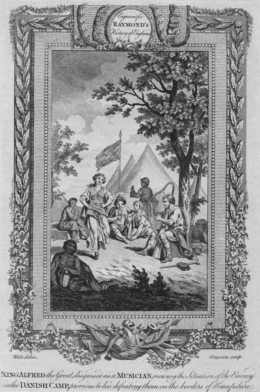 Kuningas Alfred Suuri, muusikoksi naamioitunut, katselee vihollisen tilannetta, c1787 tekijältä Unbekannt