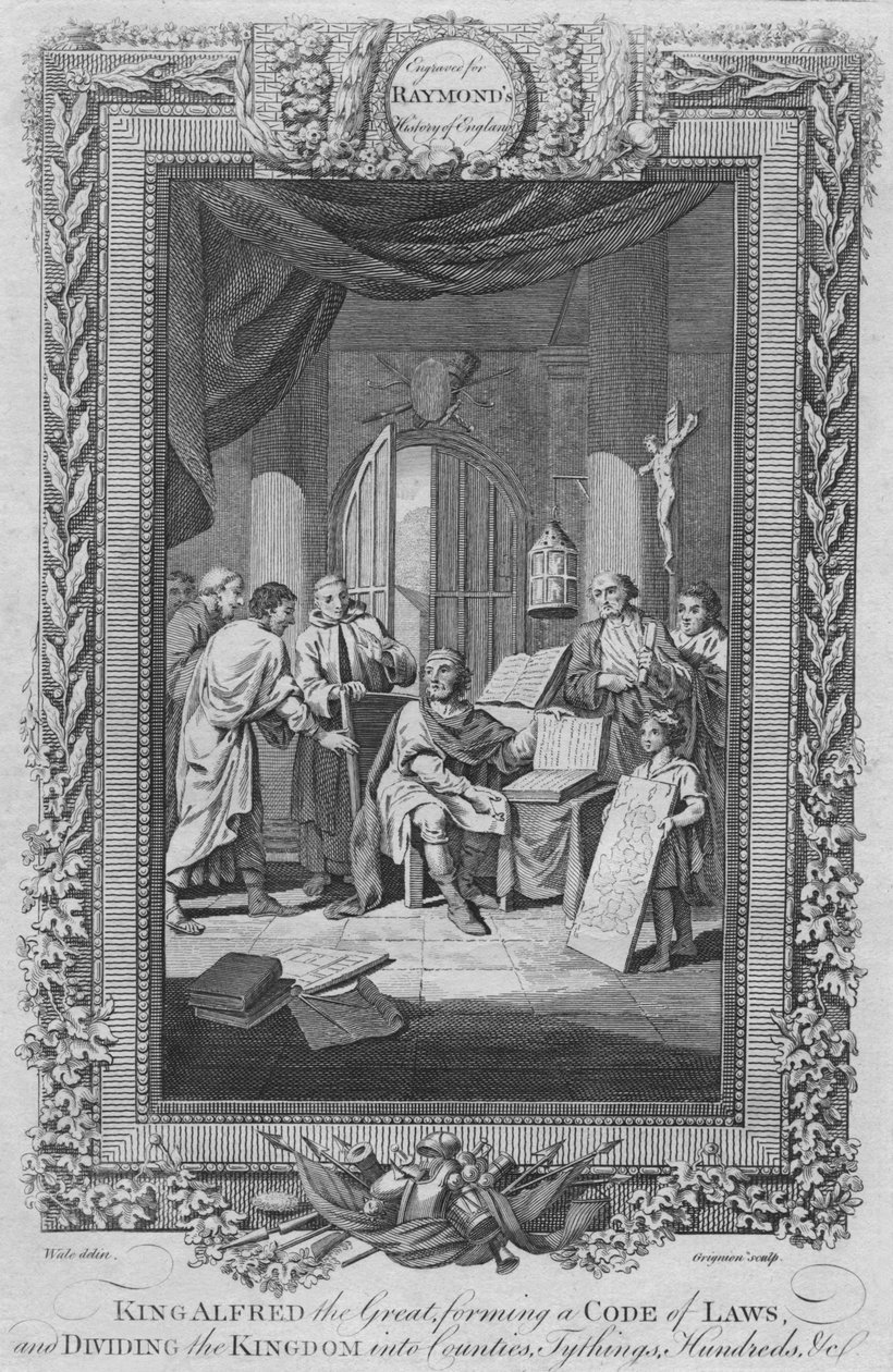 Kuningas Alfred Suuri, muodostamassa lakisäännöstön ja jakamassa kuningaskunnan kreiviin, c1787 tekijältä Unbekannt