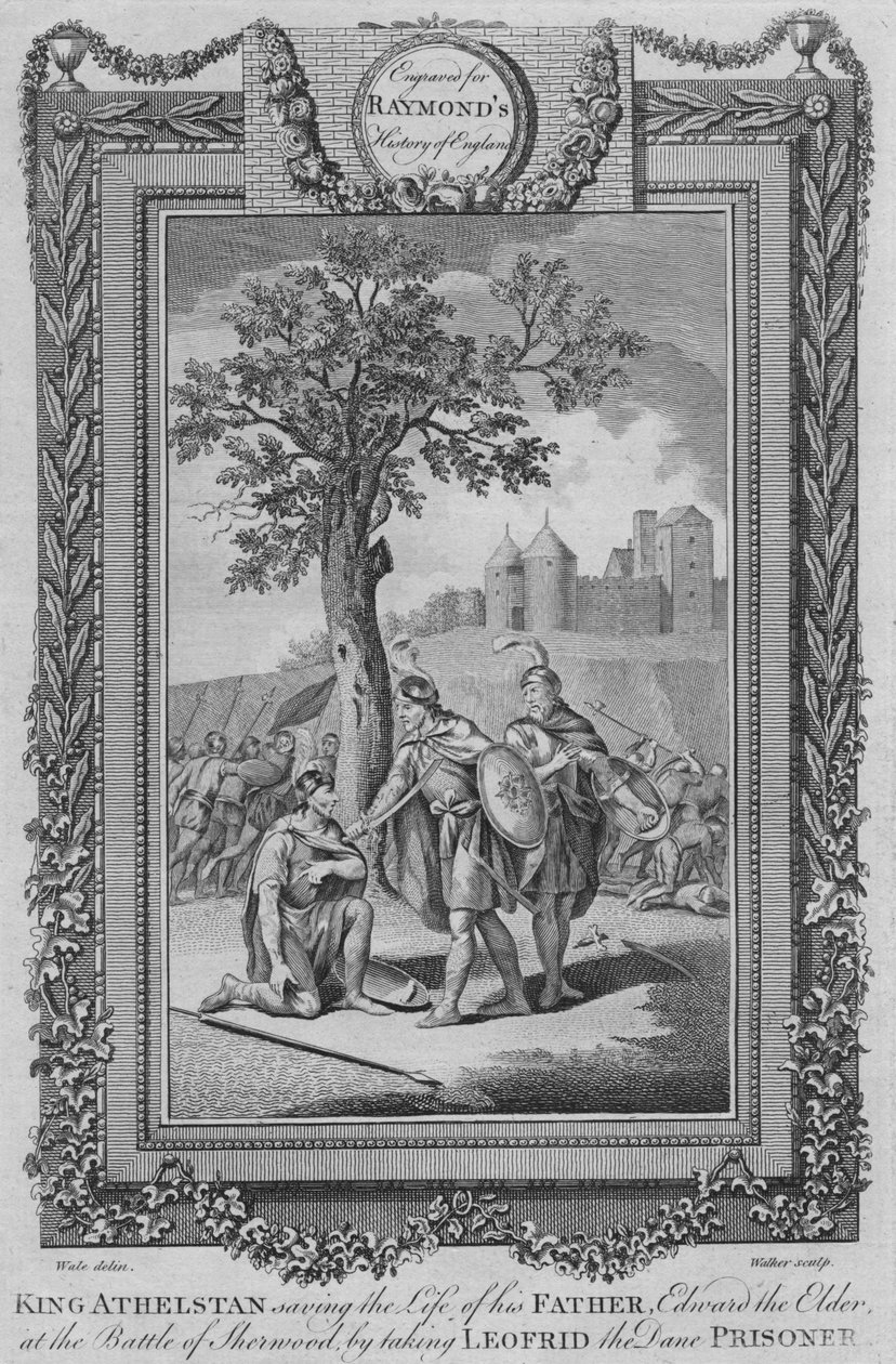 Kuningas Athelstan pelasti isänsä, Edward vanhimman hengen Sherwoodin taistelussa, c1787 tekijältä Unbekannt