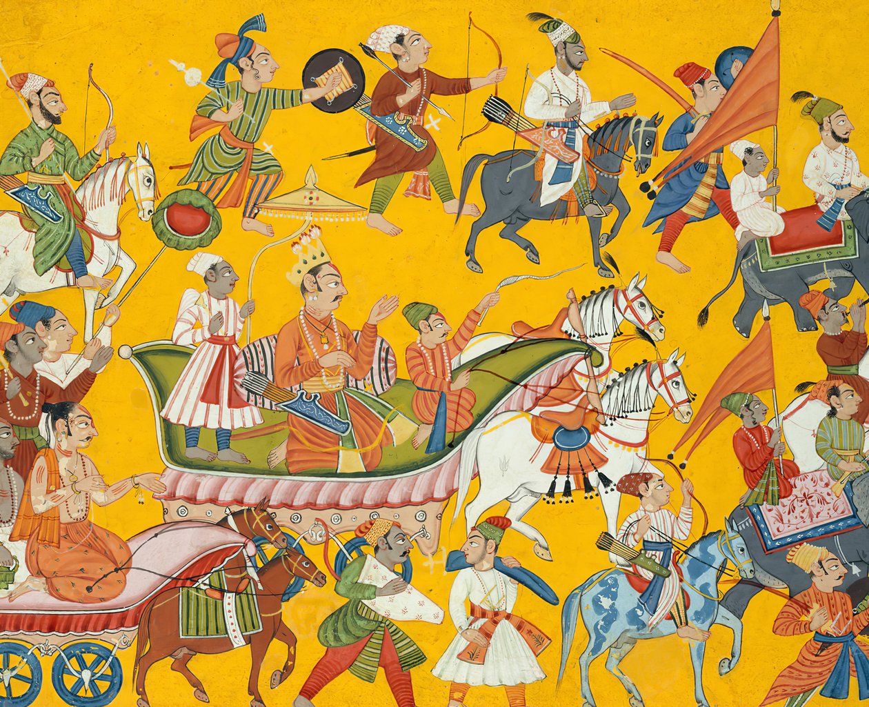 aKuningas Dasaratha ja hänen seuralaisensa jatkavat Raman häihin: Folio Shangrilta..., n. 1690-1710. tekijältä Unbekannt