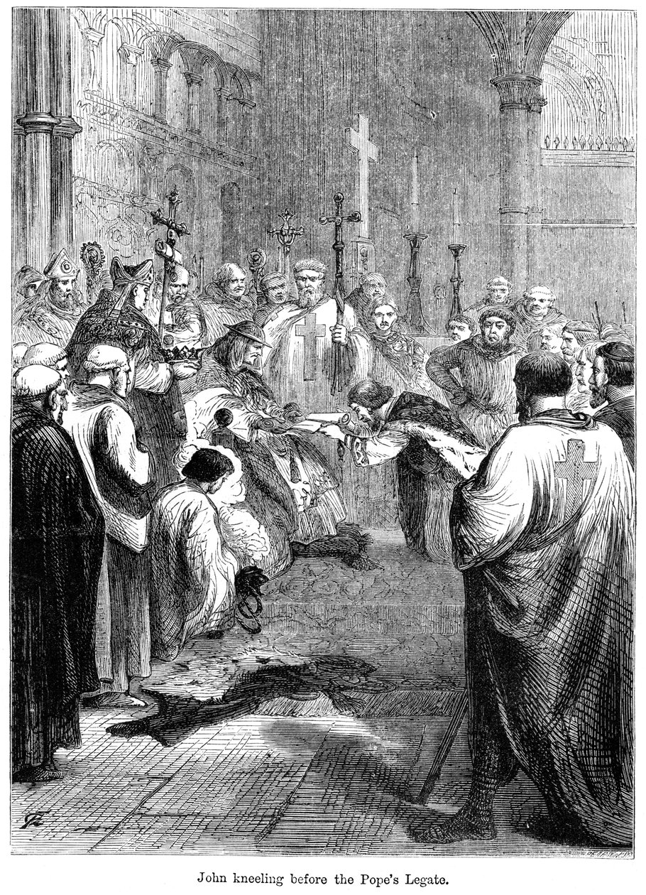 Kuningas Johannes 1167-1216 polvistui paavien legaatin edessä, 1213 tekijältä Unbekannt