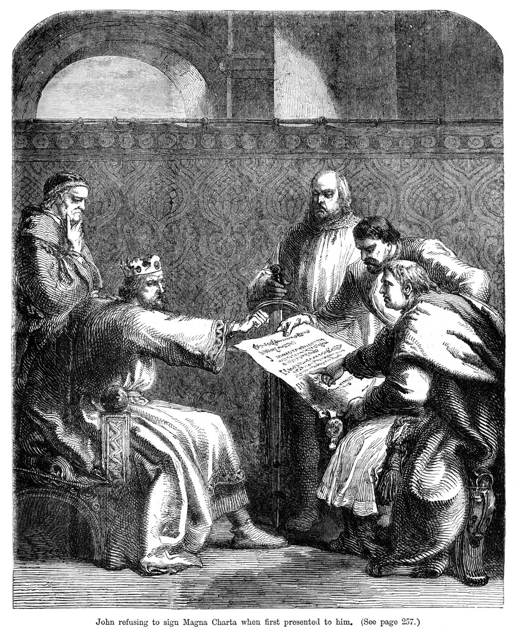 Kuningas Johannes 1167-1216 kieltäytyi allekirjoittamasta Magna Cartaa, kun se esitettiin hänelle ensimmäisen kerran, 1215 tekijältä Unbekannt