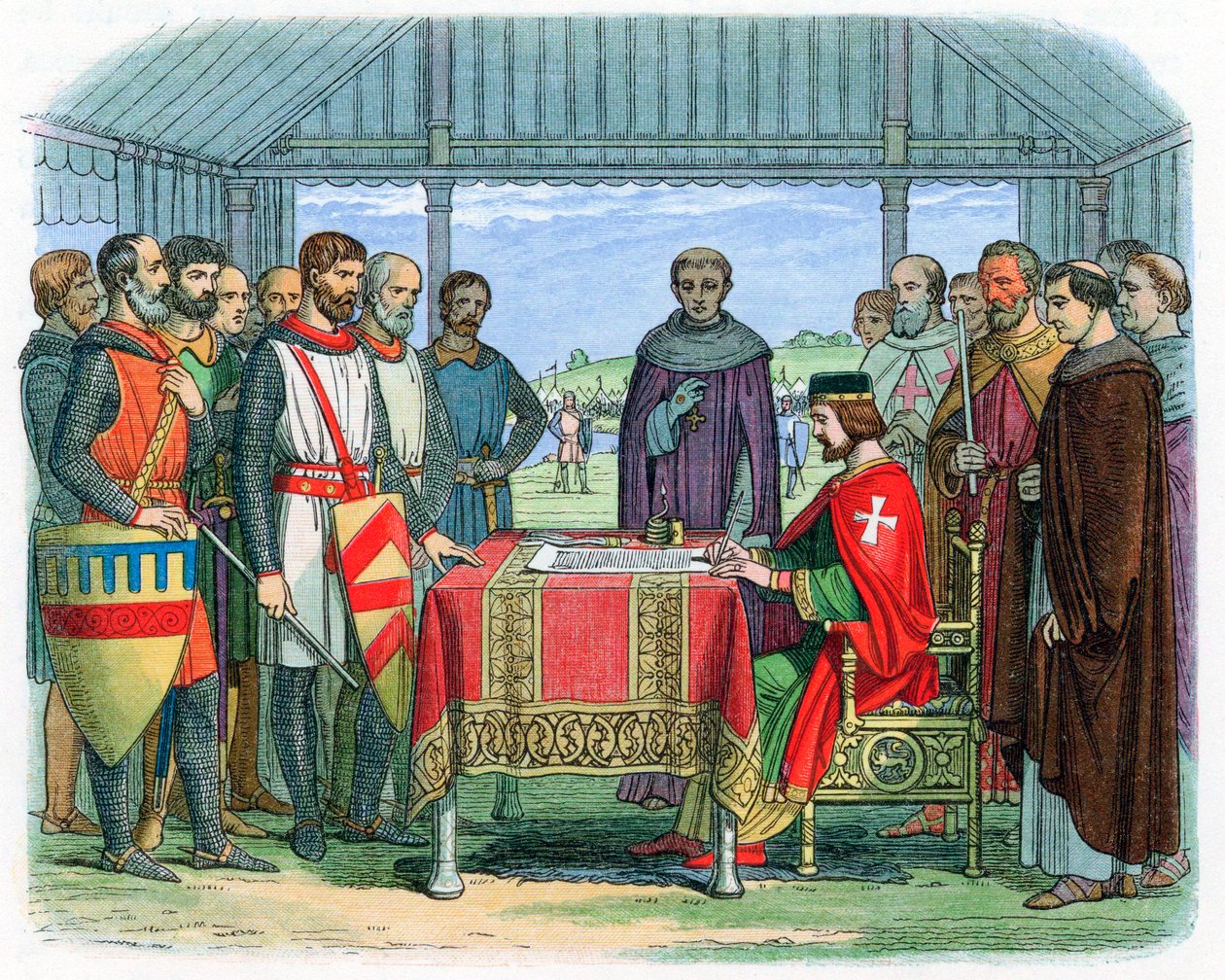 Kuningas Johannes allekirjoittaa Magna Cartan Runnymedessa, Surreyssa, 15. kesäkuuta 1215 1864 tekijältä Unbekannt