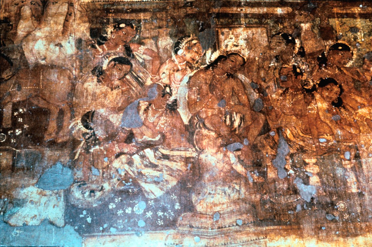 Kuningas Mahajanaka kuuntelee kuningatar Vivalia, Ajanta-luolafresko, Intia, 1.-5. vuosisadat jKr. tekijältä Unbekannt