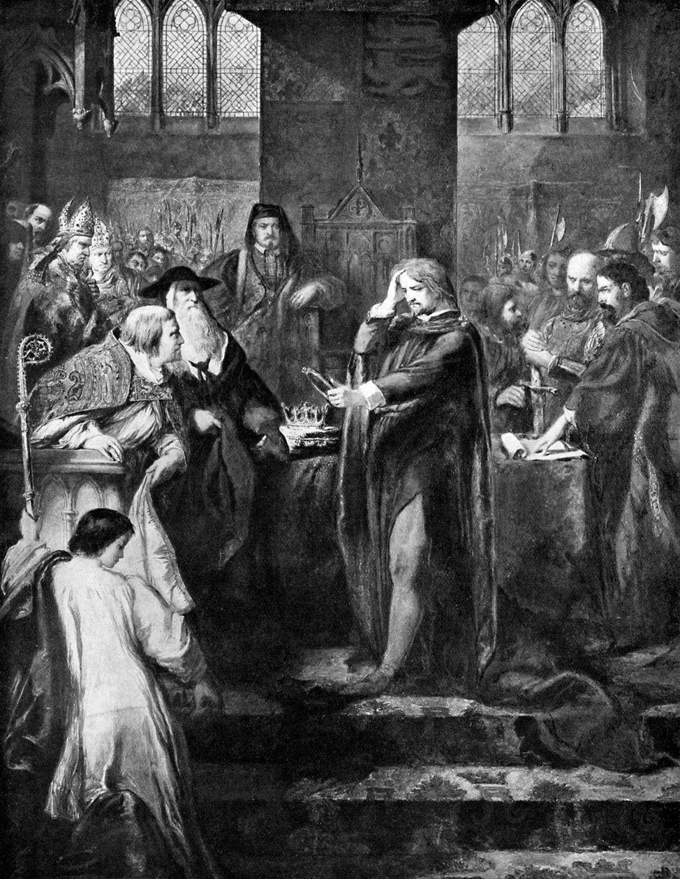 Kuningas Richard II luopumassa kruunusta serkkulleen Bolingbrokelle, 1399, c1920 tekijältä Unbekannt