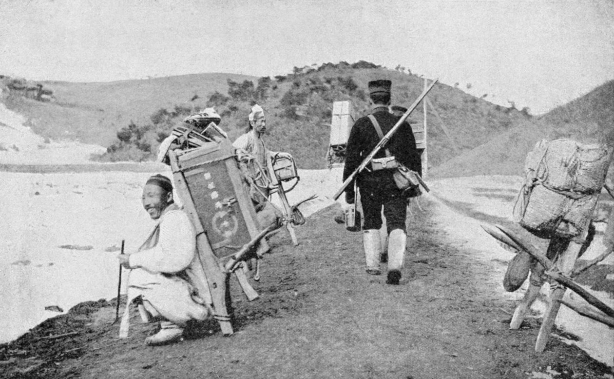 Korealaiset kulmat japanilaisten sotilaiden kantajina, Venäjän ja Japanin sota, 1904-5 tekijältä Unbekannt