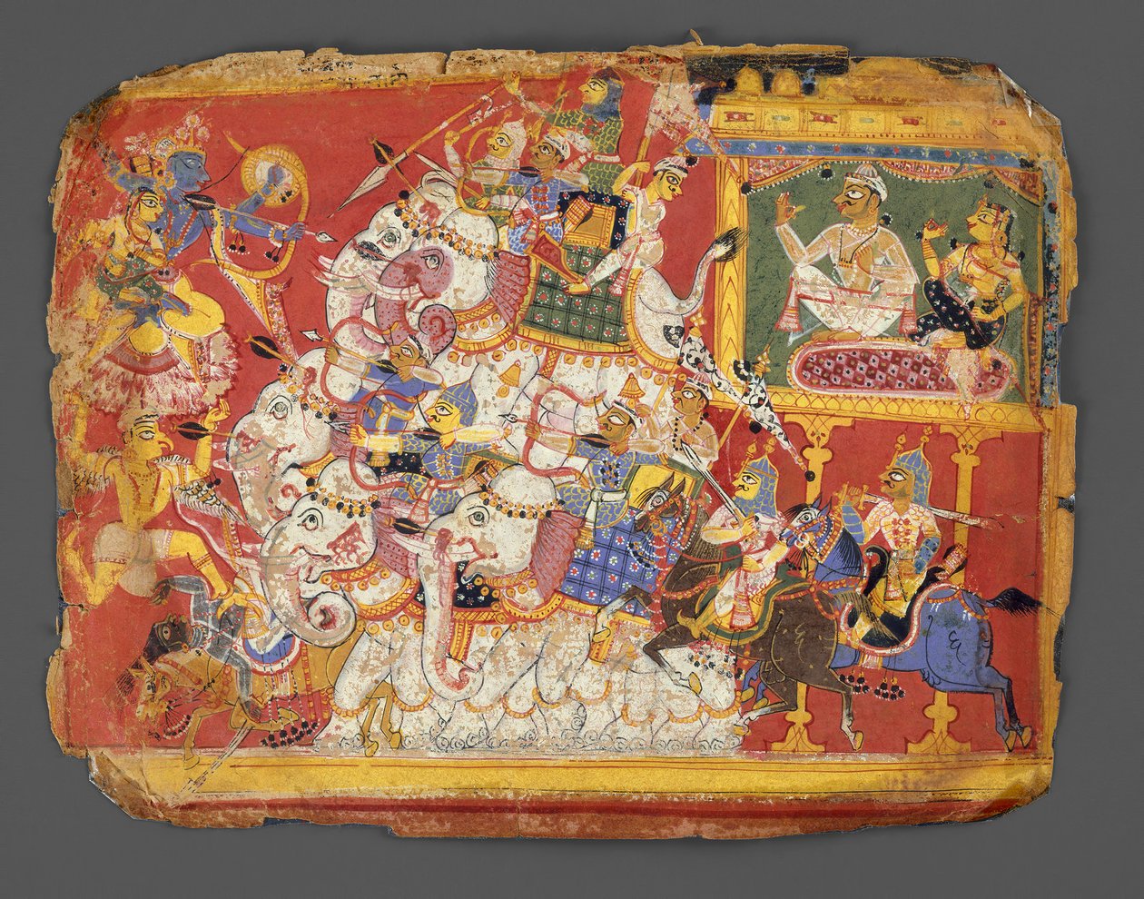 Krishna taistelee demoni Narakan armeijoita vastaan: Sivu Bhagavata Purana -käsikirjoituksesta, n. 1540. tekijältä Unbekannt