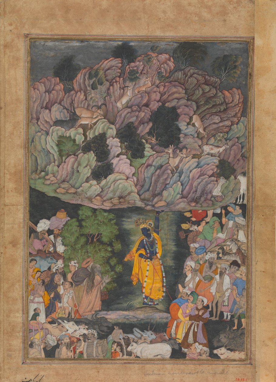 Krishna pitää Govardhan-vuorta suojellakseen Brajin kyläläisiä, Folion..., n. 1590-95. tekijältä Unbekannt