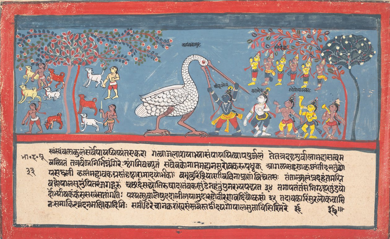 Krishna Slays Bakasura, nosturidemoni..., hajallaan olevasta Bhagavata Puranasta..., 1800-1825. tekijältä Unbekannt