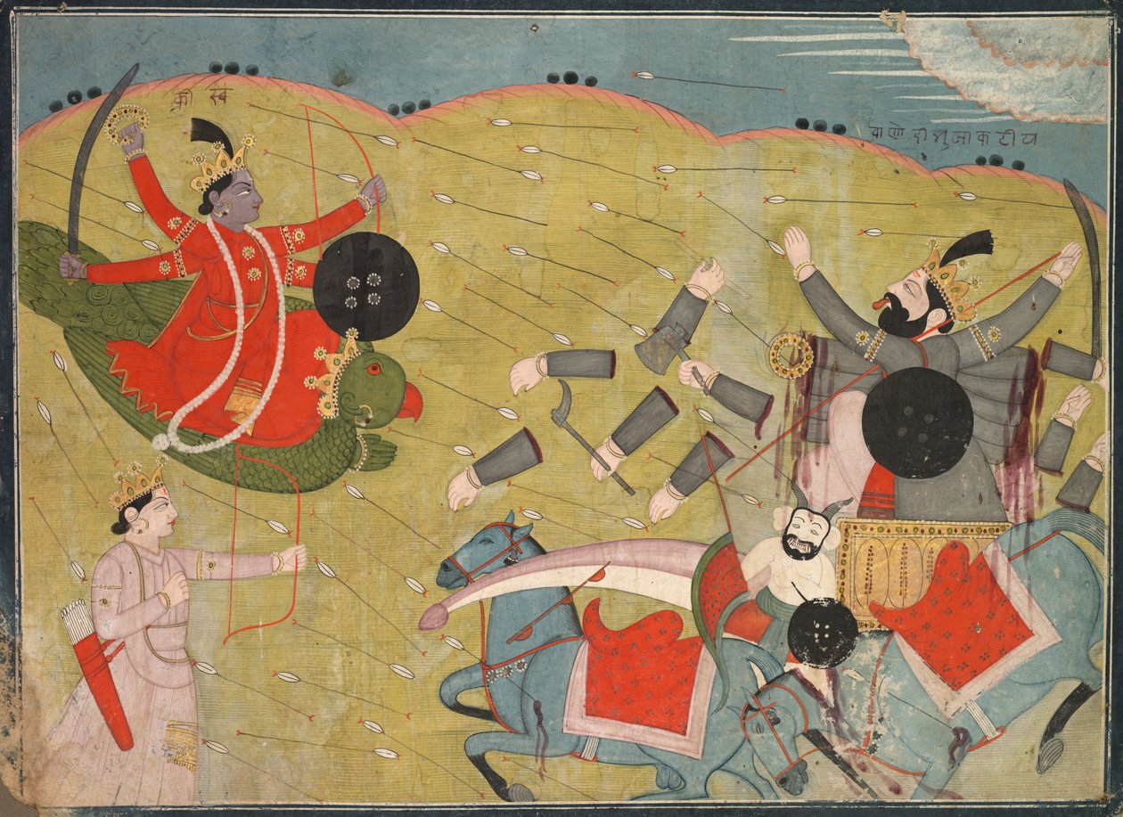 Krishna Vanquishing Vanasura: Kohtaus Krishna Lilan Aniruddha Usha -osastosta, n. 1840. tekijältä Unbekannt