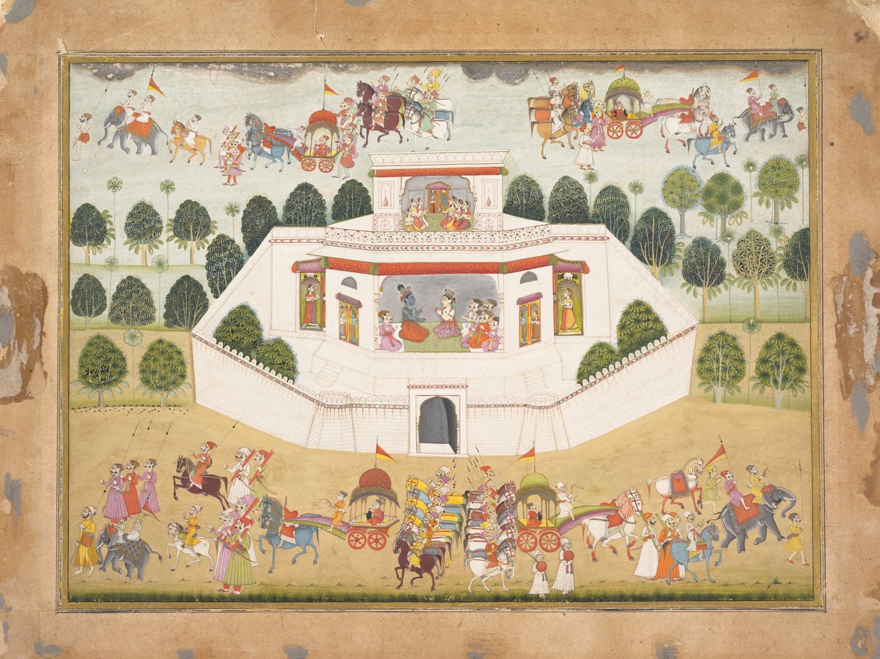 Krishna ja Balarama muuretussa palatsissa: Sivu hajallaan olevasta Bhagavata Puranalta..., n. 1700. tekijältä Unbekannt