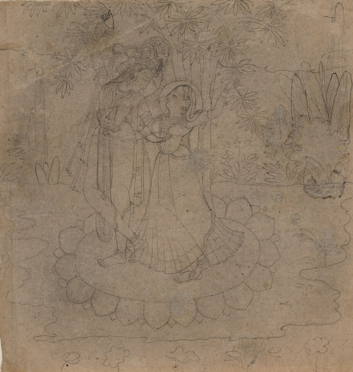 Krishna ja Radha seisomassa lootuksella, 1800-luvun loppu - 1900-luvun alku. tekijältä Unbekannt