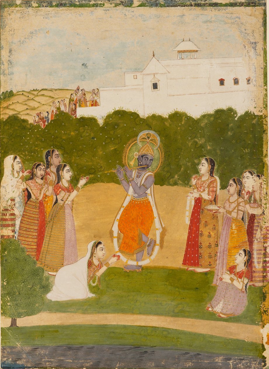 Krishna joen vieressä soittaen huilua, c1720 tekijältä Unbekannt