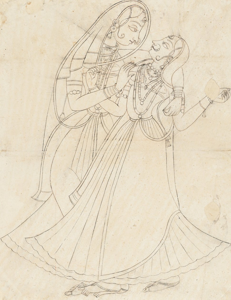 Krishna pukeutunut naiseksi syleilemässä Radhaa, 1800-luku. tekijältä Unbekannt