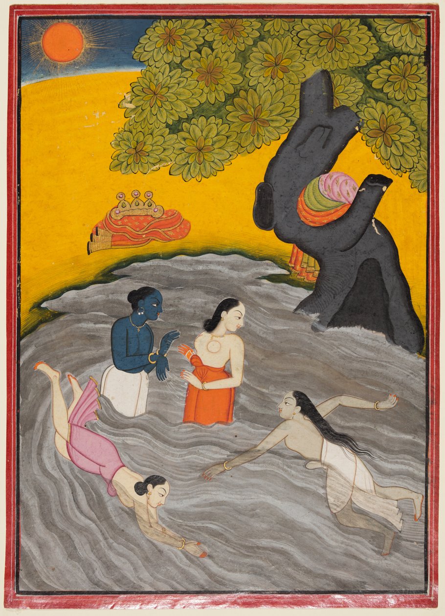 Krishna leikkii Gopien kanssa Jumnassa, n. 1770. tekijältä Unbekannt