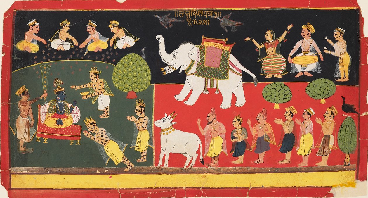 Indran kunnioittama Krishna saapuu valkoisen norsun selässä, v. 1720 tekijältä Unbekannt