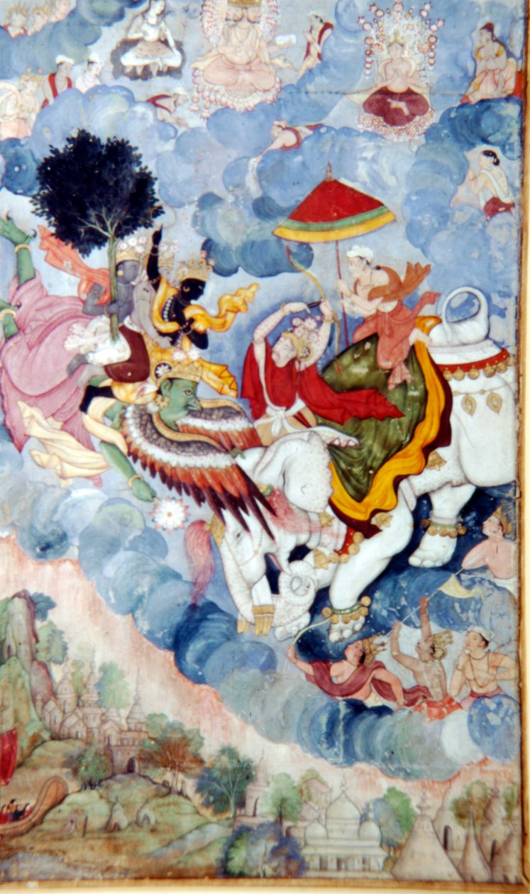 Krishna, montado no Deus-Pássaro Garuda, luta contra o Deus Indra em um elefante, c1590. finlandês tekijältä Unbekannt