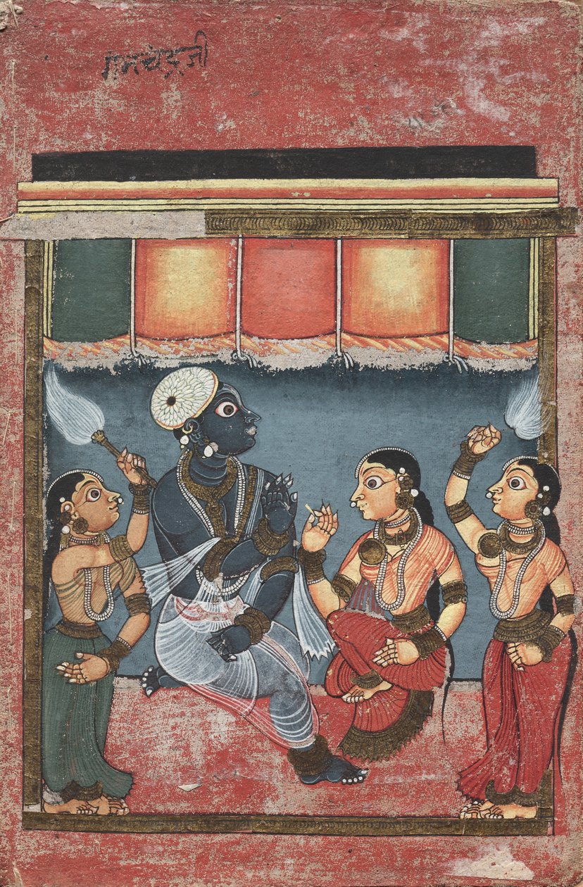 Krishna Radhan ja kahden avustajan kanssa recto, Jagannath, Subhadra ja Balarama...verso, 17th century tekijältä Unbekannt