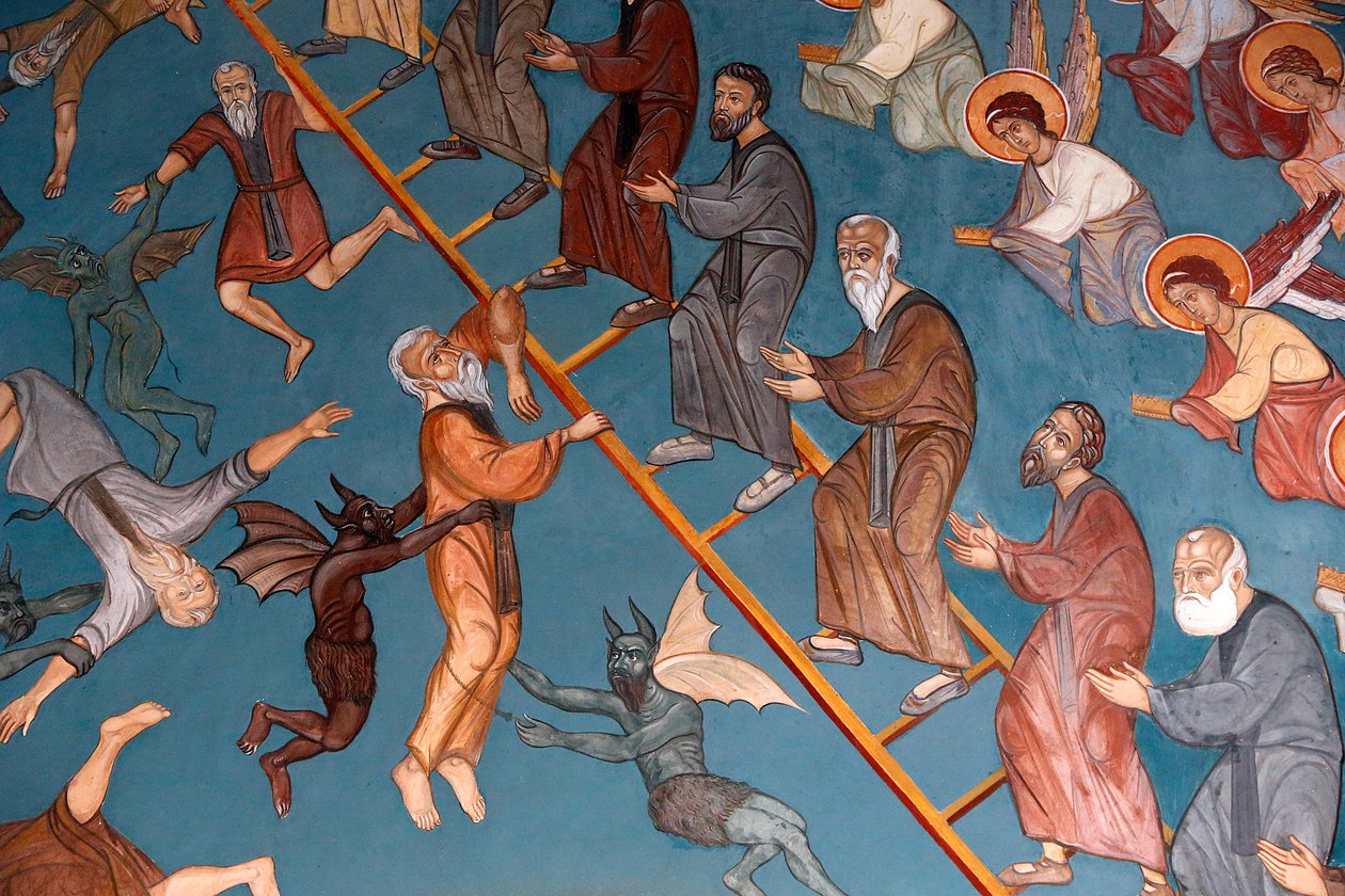 Kykkosin luostari, Kypros. The Ladder of Divine Ascent, jossa hyvät oikealla ja pahat vasemmalla, 20150510, Pedoulas, Kypros tekijältä Unbekannt