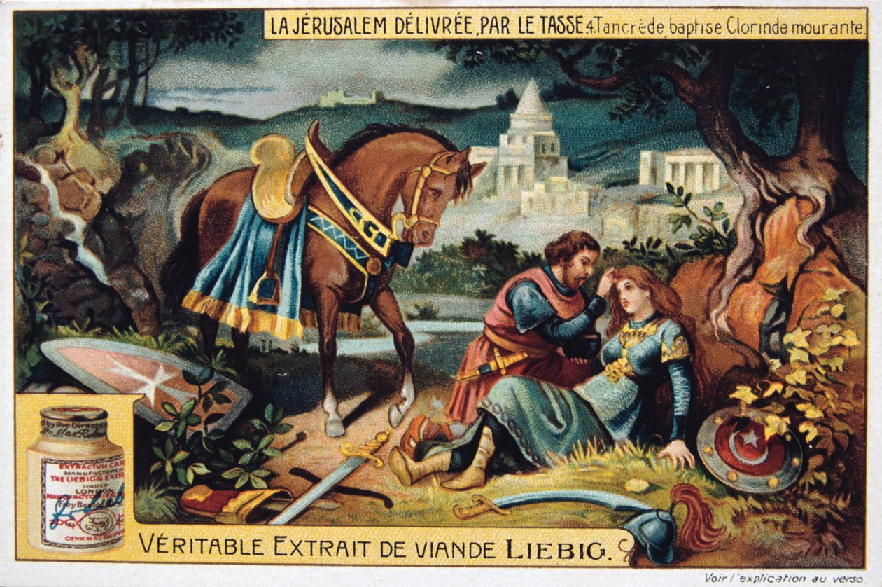 La Jerusalemin toimitus par le Tasse, Tancrede kastaa kuolevaisen Clorinden. 1800-luku tekijältä Unbekannt