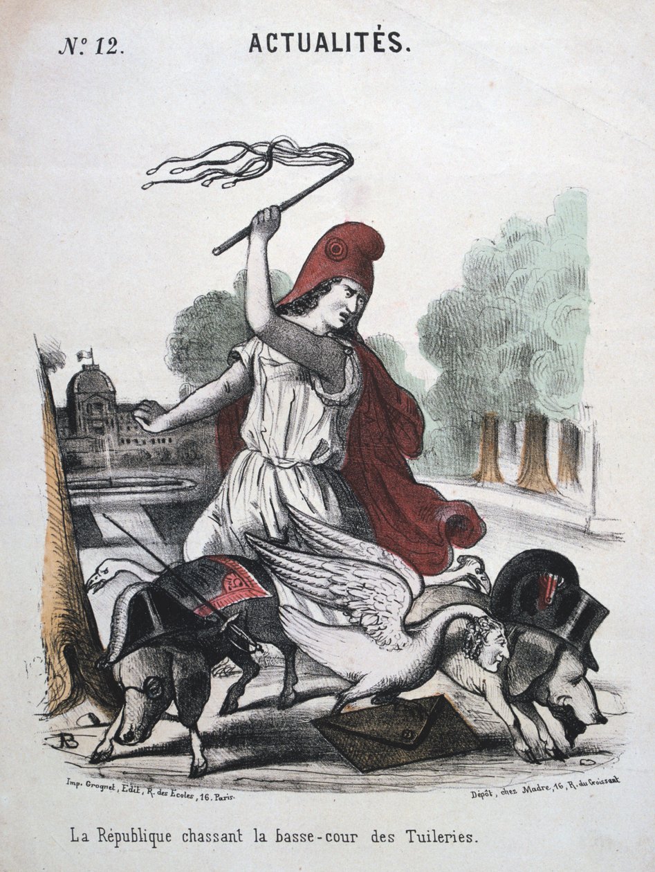 Tasavalta jahtaa Tuilleriesin alemman tuomioistuimen, allegorinen sarjakuva, 1870-1871 tekijältä Unbekannt