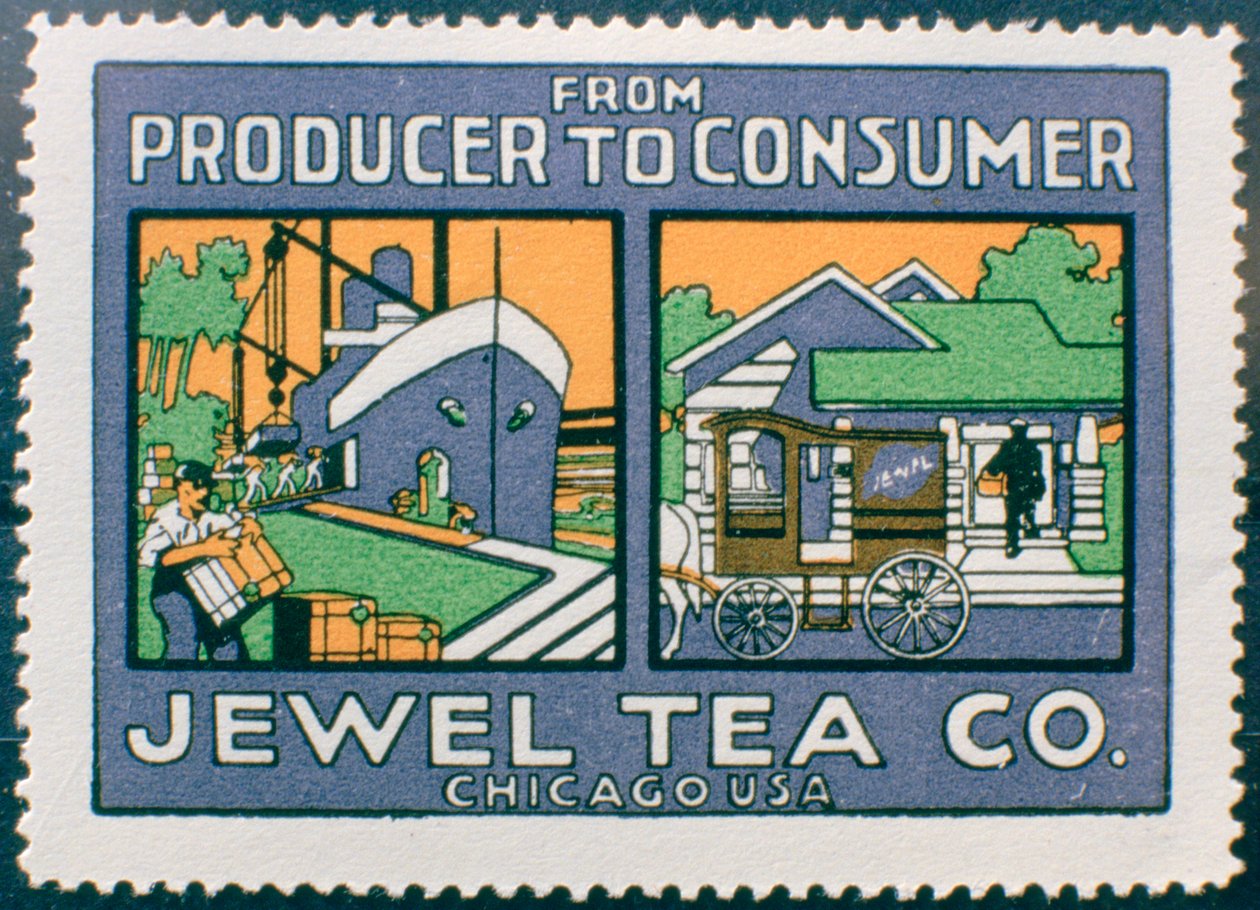 Etiketti, joka mainostaa Jewel Tea Co:ta Chicagossa, Yhdysvalloissa tekijältä Unbekannt