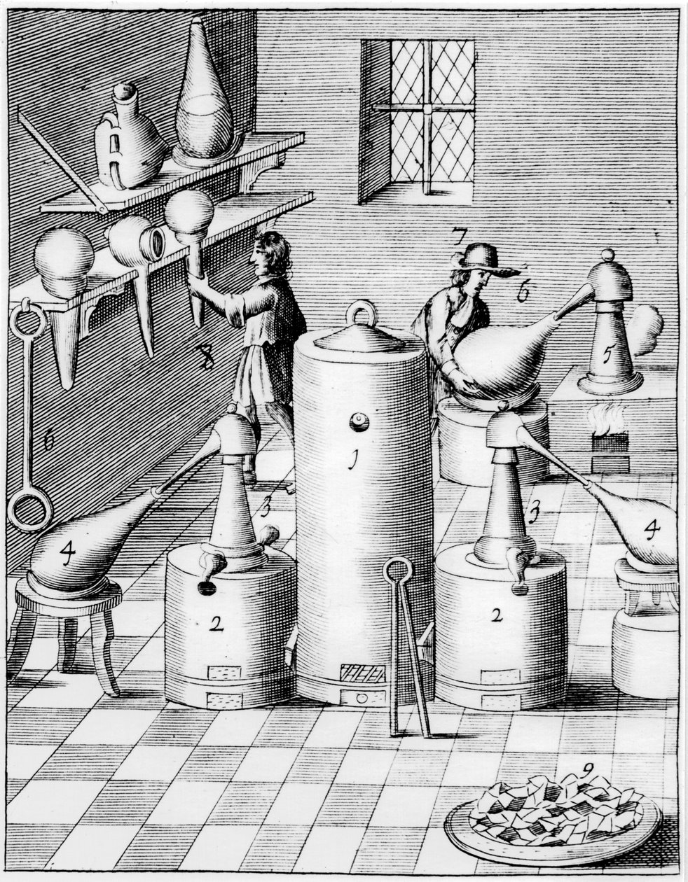 Laboratorio kullan ja hopean jalostukseen, esittelyssä tyypilliset laboratoriolaitteet, 1683 tekijältä Unbekannt