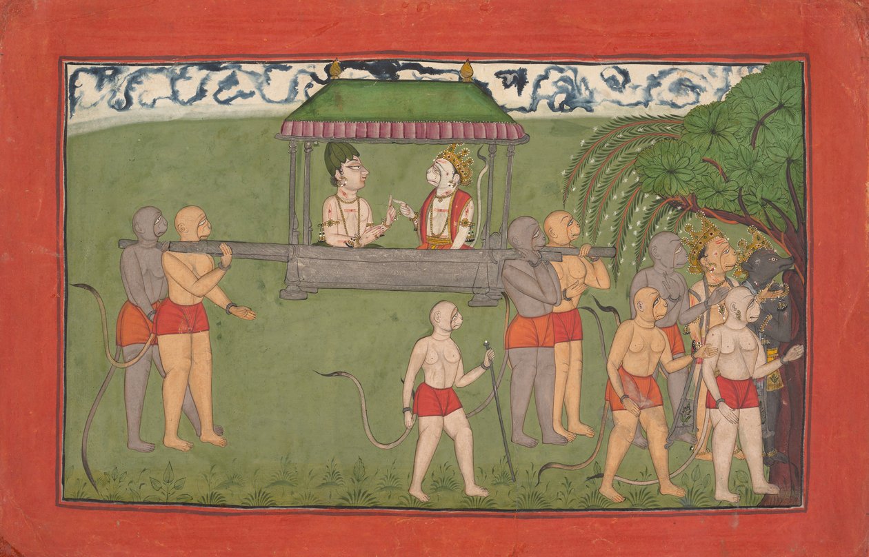Palanquin kantaa Lakshmanaa ja Sugrivaa vastaanottamaan Ramas-siunauksia..., n. 1710-25. tekijältä Unbekannt