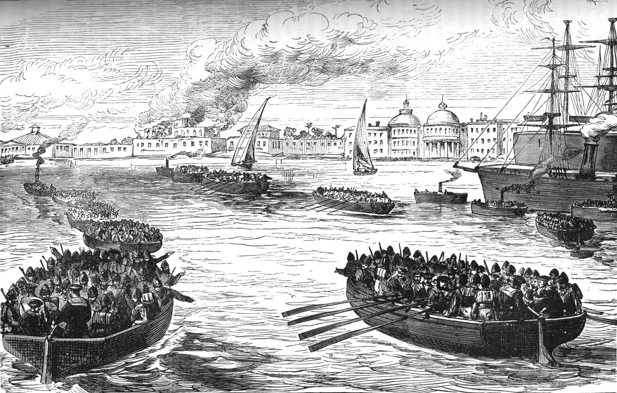 Maihinnousujoukot Khedivesin palatsissa Aleksandriassa pommituksen jälkeen, 1882, c1882-1885 tekijältä Unbekannt