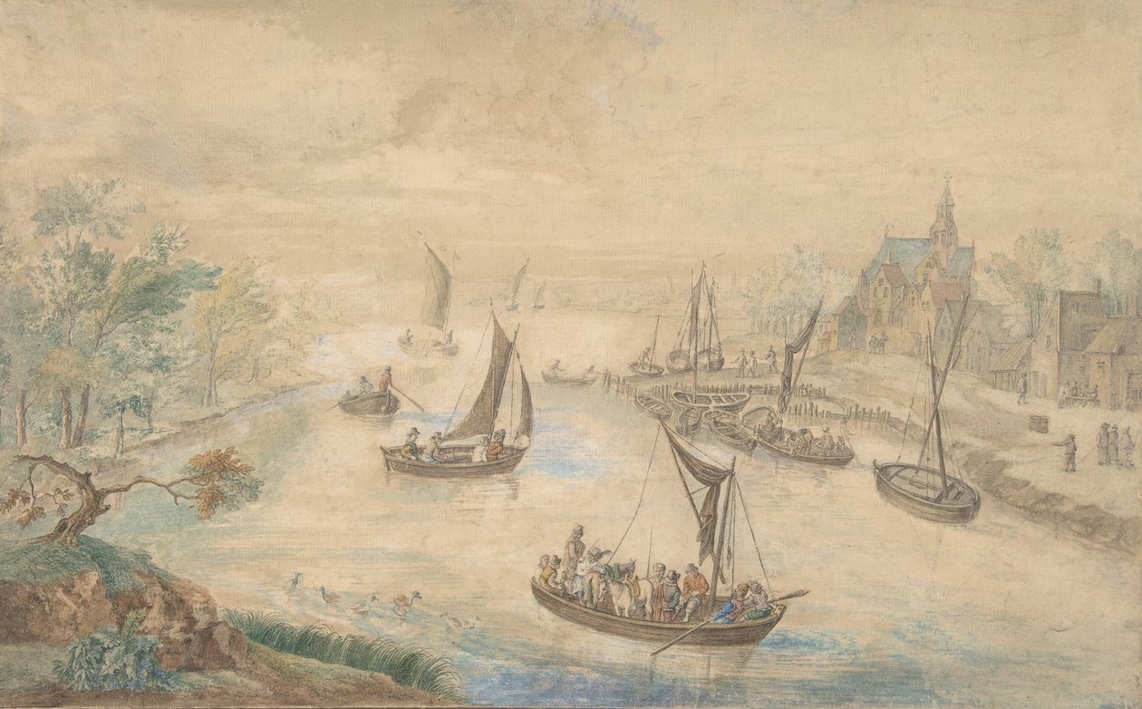 Maisema joen keskellä, lautalla, 1700-luku. tekijältä Unbekannt