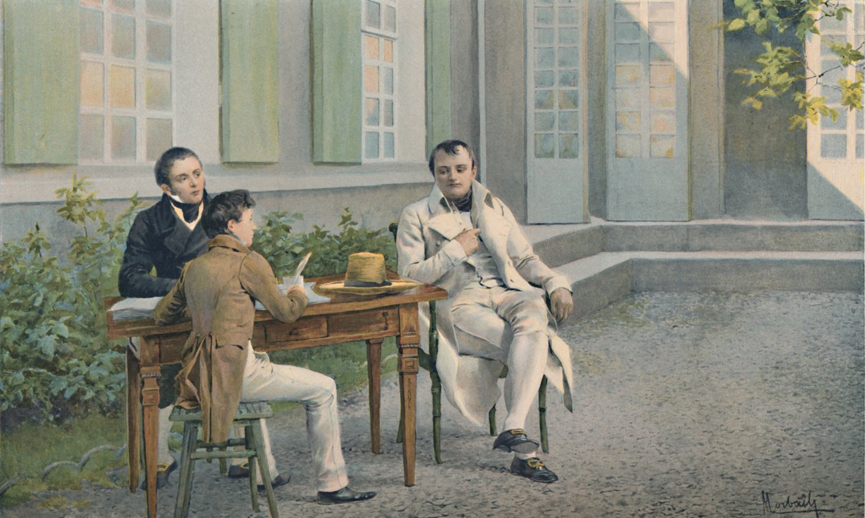 Las Casas ja hänen poikansa kirjoittamassa Napoleonin historiaa sanelussaan, c1815, 1896. tekijältä Unbekannt